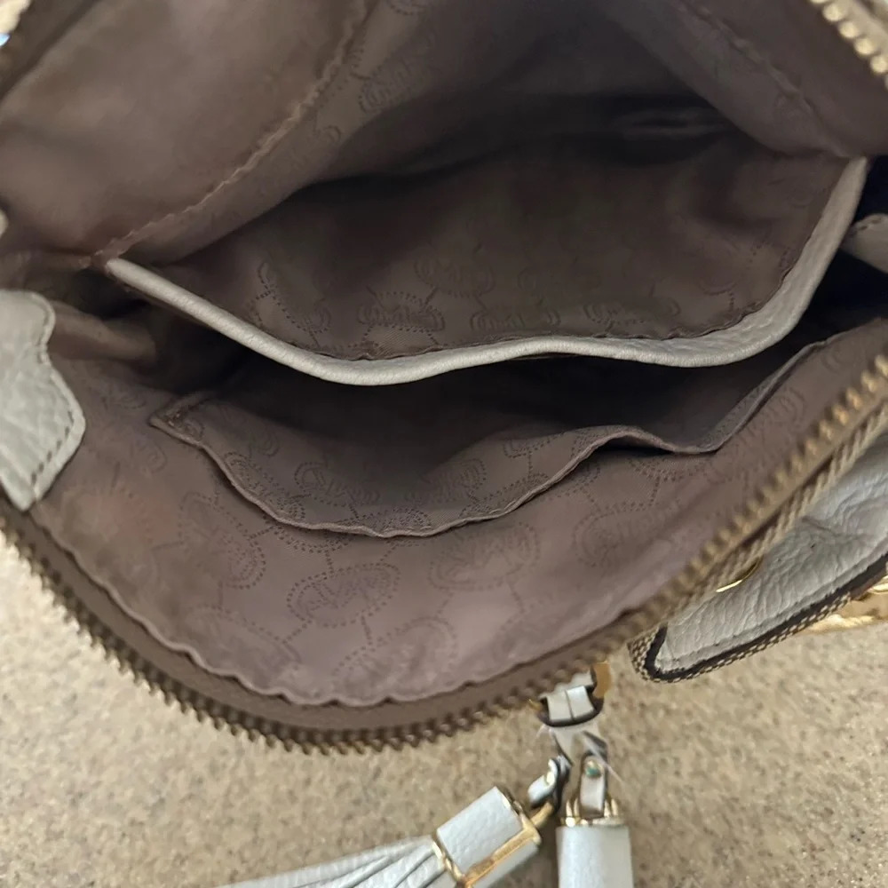 Michael Kors Monogram Drawstring Bucket Brown Mini WithTassel Crossbody Bag - Picture 6 of 14